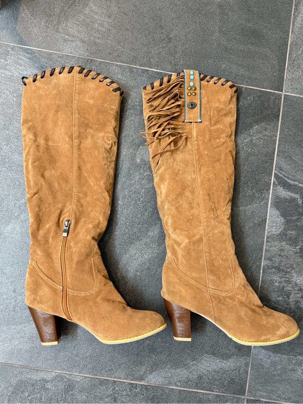Women’s Tan Suede Fringe Knee-High Boots